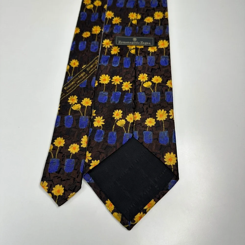 Ermenegildo Zegna Silk Tie Brown Yellow Floral Blue Vase Mens Luxury Fashion